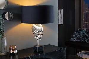 Estila Art deco strieborná stolná lampa Uma s kovovou lebkou, čiernym okrúhlym tienidlom a mramorovou podstavou 56cm