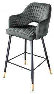 Estila Zamatová barová stolička Fribourg v štýle art deco v sivozelenej farbe na čiernych šikmých nožičkách so zlatým kovaním 104cm