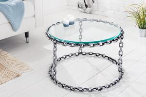 Estila Moderný okrúhly konferenčný stolík Belime Silver II s kovovou reťazovou konštrukciou a sklenenou doskou 40cm