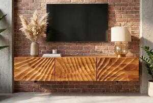 Estila Masívny dizajnový nástenný TV stolík Cumbria s tromi dvierkami s reliéfnym zdobením v prírodnej hnedej farbe 160 cm