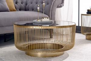 Estila Art deco okrúhly konferenčný stolík Esme so zlatou kovovou konštrukciou a čiernou sklenenou doskou 80cm
