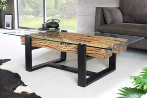 Estila Industriálny konferenčný stolík Barracuda so sklenenou doskou a detailom z teakového dreva 130 cm