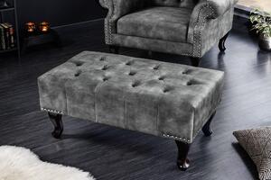 Estila Vintage taburetka Marlon so sivým zamatovým čalúnením s chesterfield prešívaním a masívnymi vyrezávanými nožičkami 80cm