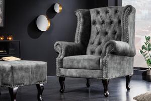 Estila Chesterfield vintage kreslo Marlon so sivým zamatovým čalúnením a tmavohnedými masívnymi nožičkami 105cm