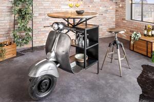 Estila Industriálny barový stôl Scooter s dizajnom motorky a policami a vrchnou doskou z mangového dreva strieborná 116 cm