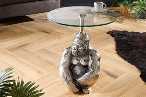 Estila Luxusný glamour okrúhly príručný stolík Tierra Glam s podstavou v tvare gorily a so sklenenou vrchnou doskou strieborná 51 cm