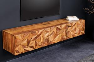 Estila Dizajnový retro nástenný TV stolík Camille III z masívneho akáciového dreva s tromi dvierkami s diamantovými 3D tvarmi 160cm