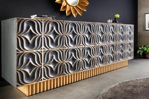 Estila Luxusný sivo zlatý art deco štvordverový príborník Arix s vyrezávaným ornamentálnym zdobením 177 cm