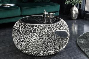 Estila Dizajnový glamour okrúhly strieborný konferenčný stolík Hoja s úložným priestorom a abstraktným dizajnom 40 cm