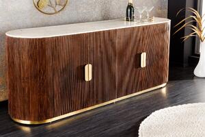 Estila Luxusný art deco oválny štvordverový príborník Gatsby z mangového dreva s mramorovou vrchnou doskou hnedá biela 180 cm