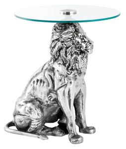 Estila Dizajnový art deco príručný stolík Tierra Glam s okrúhlou sklenenou doskou a nohou v podobe strieborného leva 60 cm