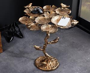 Estila Dizajnový vintage asymetrický príručný stolík Avian v starožitnej medenej farbe s dizajnom listov a vtákov 62 cm