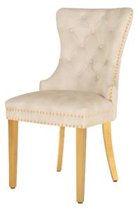 Estila Glamour čalúnená prešívaná béžová jedálenská stolička Modern Barock so zlatými kovovými nožičkami a klopkadlom 98 cm