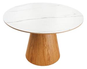 Estila Art deco okrúhly jedálenský stôl Marmol Lignia s bielou mramorovou doskou a hnedou podstavou s dubovým dizajnom 120 cm