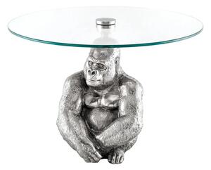 Estila Art deco okrúhly príručný stolík Tierra Glam so striebornou kovovou podstavou v podobe gorily a sklenenou doskou 60 cm