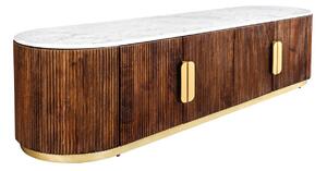 Estila Luxusný art deco oválny štvordverový TV stolík Gatsby z hnedého masívu s drážkovaným reliéfom a bielou mramorovou doskou 170 cm