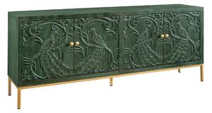 Estila Art deco štvordverový obdĺžnikový zelený príborník Birdy z mangového dreva s vyrezávanými pávmi a zlatými nožičkami 175 cm