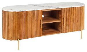 Estila Art deco hnedý oválny TV stolík Celestia z mangového dreva s bielou mramorovou doskou so zlatými úchytkami 140 cm