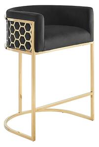 Estila Art deco barová stolička Ariande so zamatovým čiernym poťahom a zlatou kovovou konštrukciou 88 cm