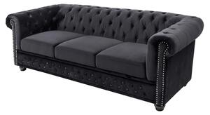 Estila Dizajnová zamatová čierna trojmiestna sedačka Maya s chesterfield prešívaním s okrúhlymi čiernymi nožičkami 205 cm