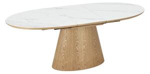 Estila Moderný oválny rozkladací biely jedálenský stôl Marmol Lignia s mramorovým dizajnom a dubovou hnedou nohou 160-200 cm