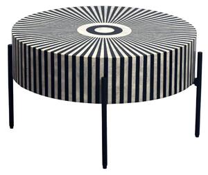 Estila Dizajnový art deco okrúhly konferenčný stolík Celia s intarziou so vzorom slnečných lúčov v čiernej a bielej farbe 64 cm