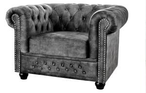 Estila Dizajnové sivé kreslo Chesterfield so zamatovým poťahom s prešívaním s okrúhlymi gombíkmi a zarolovanou opierkou 109 cm