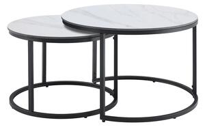 Estila Moderná sada bielych okrúhlych konferenčných stolíkov Ceramia Blanca so sivým mramorovaním a čiernou podstavou 47 cm