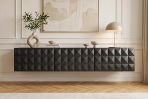 Estila Dizajnový masívny nástenný TV stolík Vinan s tromi dvierkami a geometrickým plastickým reliéfom v čiernej farbe 160 cm