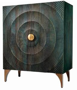 Estila Dizajnová art deco dvojdverová barová skrinka Cumbria v tyrkysovej farbe so zlatými detailmi a reliéfom s motívom slnka 120 cm