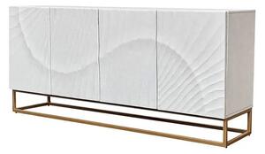 Estila Moderný štvordverový art-deco príborník Cumbria z bieleho mangového dreva s 3D dekorom vĺn a zlatou kovovou podstavou 180 cm