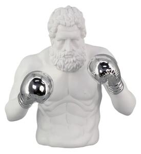 Estila Moderná dizajnová biela socha Zeus v podobe antickej figúry v boxerskej póze s lesklými striebornými rukavicami 47 cm