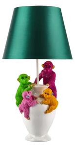 Estila Dizajnová stolná lampa Tierra Glam so zeleným textilným tienidlom a bielou podstavou s farebnými figúrami opíc 55 cm