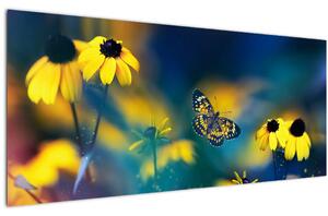 Obraz - Žltý motýľ s kvetmi (120x50 cm)