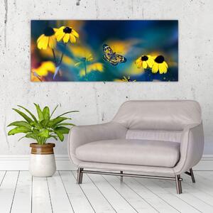 Obraz - Žltý motýľ s kvetmi (120x50 cm)