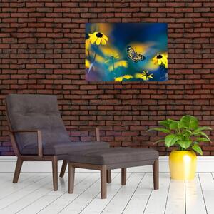 Obraz - Žltý motýľ s kvetmi (70x50 cm)
