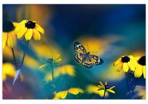 Obraz - Žltý motýľ s kvetmi (90x60 cm)