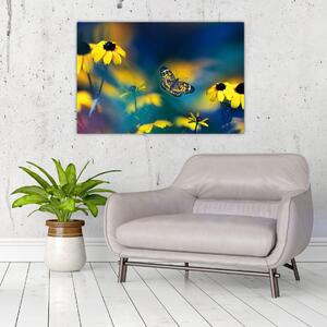 Obraz - Žltý motýľ s kvetmi (90x60 cm)