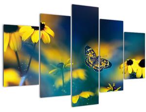 Obraz - Žltý motýľ s kvetmi (150x105 cm)