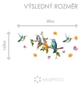 Nalepte.cz Vetva s kvetmi a vtáčikmi textilní prelepiteľné nálepky na stenu arch 45 x 36 cm