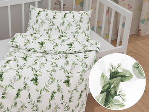Biante Detské bavlnené posteľné obliečky do postieľky Sandra SA-422 Zelené listy na bielom Do postieľky 100x135 a 40x60 cm