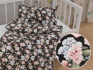 Biante Detské bavlnené posteľné obliečky do postieľky Sandra SA-449 Modro-ružové kvety na čiernom Do postieľky 90x140 a 50x70 cm