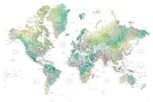 Mapa Watercolor world map with cities in muted green, Oriole, Blursbyai