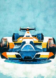 Ilustrácia Formula 1 blue yellow, Justyna Jaszke, (30 x 40 cm)