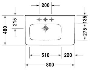 Duravit DuraStyle - Umývadlo do nábytku, asymetrické, 3 otvory pre armatúru prepichnuté, 80x48 cm, biele 2325800030