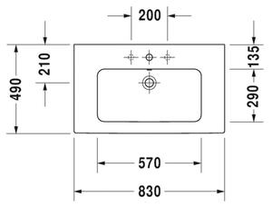 Duravit ME by Starck - umývadlo 830 x 490 mm, 3 otvory pre batériu prepichnuté 2336830030