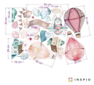 INSPIO-textilná prelepiteľná nálepka - Dievčenské nálepky na stenu - Ružové balóny, zajac a domy