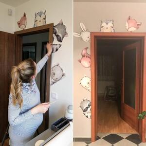 INSPIO-textilná prelepiteľná nálepka - Nálepka na stenu do detskej izby - Lesné zvieratka okolo dverí