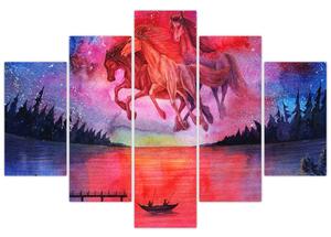 Obraz - Zjavenie vesmírnych koní nad jazerom, aquarel (150x105 cm)