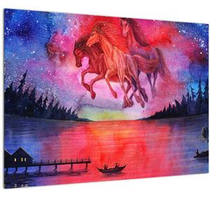 Obraz - Zjavenie vesmírnych koní nad jazerom, aquarel (70x50 cm)